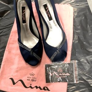 Navy dress heels. Silk with rhinestones decorated. Open toe.